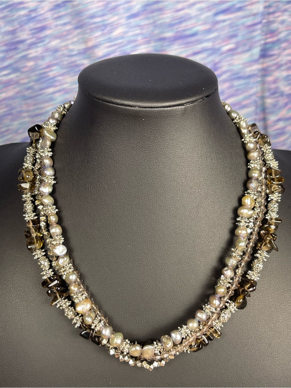 Freshwater(real) pearls & Smoky Quartz Multi Strand  Necklace